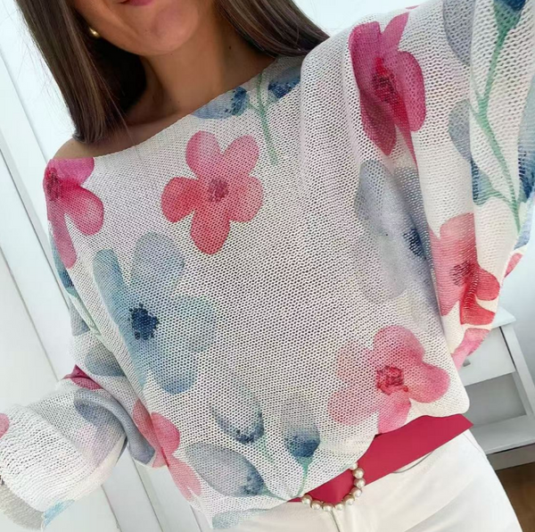 White Floral Italian Knit Printed Sweater