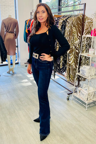 Q2 Ruffle Your Feathers Ribbed Cardigan - Black