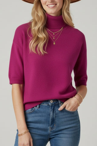 The Q2 Fine Knit Sweater with High Neck and Elbow Length Sleeves