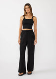 Ruffled Waist Washed Linen Cotton Wide-Leg Pant