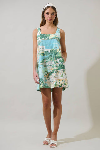 Piti Town Zenica Shift Mini Dress- Aqua Multi