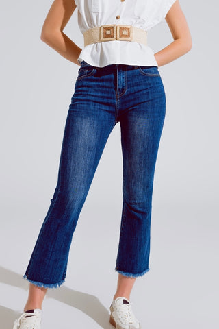The Q2 Mid Wash Flared Skinny Jeans with Raw Hem- Blue