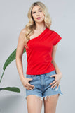 Solid One Shoulder Pleated Top- Sky Blue