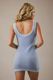 Scoop Neck Contrast Stripe Sweater Mini Dress- Light Blue/Ivory