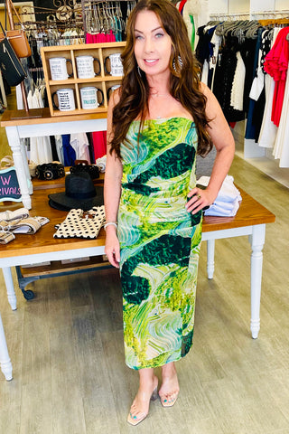 Allegra Mesh Ruched Strapless Midi Dress