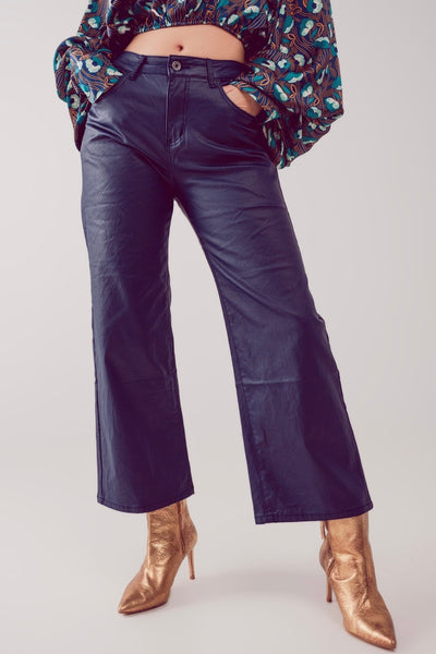 Q2 Faux Leather Wide Leg Cropped Pants - Blue