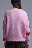The Q2 V-neck Sweater with Red Hearts- Pink