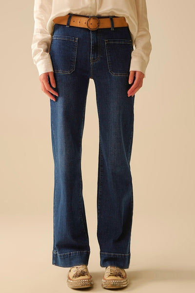 The Q2 Dark Wash Wide Leg Jeans- Blue