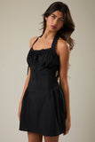 Halter Neck Lace Trim Detail Mini Dress- Black