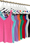 FINAL SALE:  V-Neck Sleeveless Rhinestone Detail Rib Tank Top