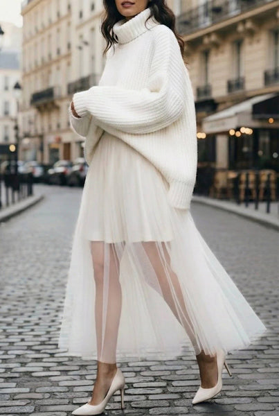 Italian One Size Layered Sheer Tulle Midi Skirt - White