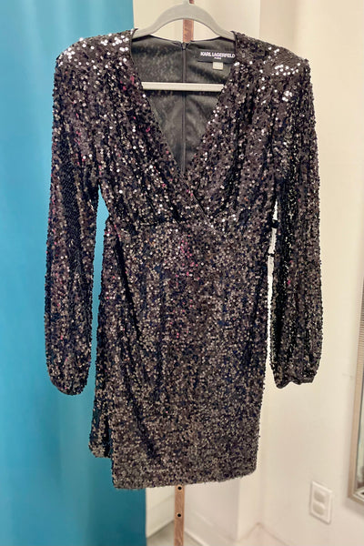 Karl Lagerfeld Paris Sequined Long Sleeved Cocktail Dress - Black