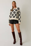 Round Neck Floral Pattern Sweater - Cream/Black