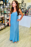 The Q2 Tencel Light Denim Dress with Back Beading - Blue