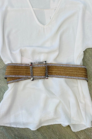 The Q2 Woven Belt with Silver Strass Rhinestones  - Beige