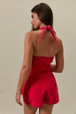 Vest-Style Romper with Micro Shorts- Red