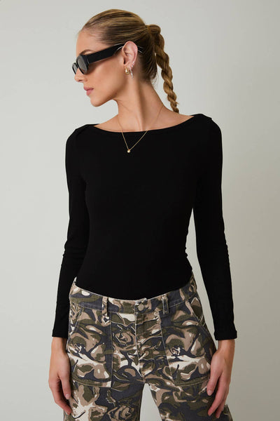 Boat Neck Long Sleeveless Rib Bodysuit- Black