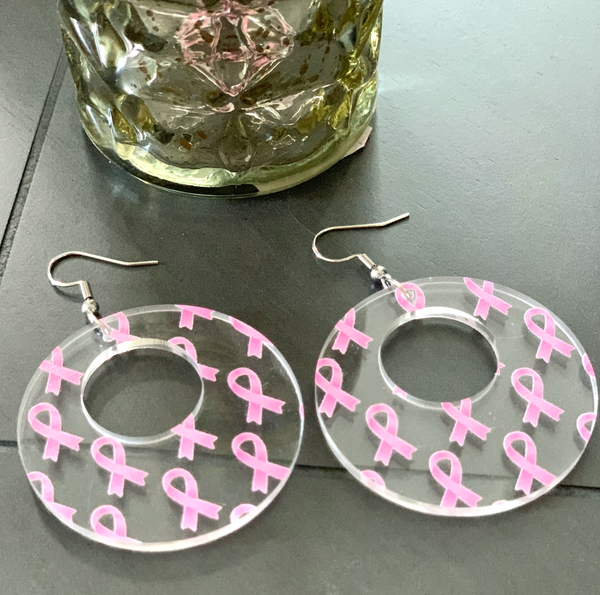 Acrylic Breast Cancer Ribbon Hoop Earrings