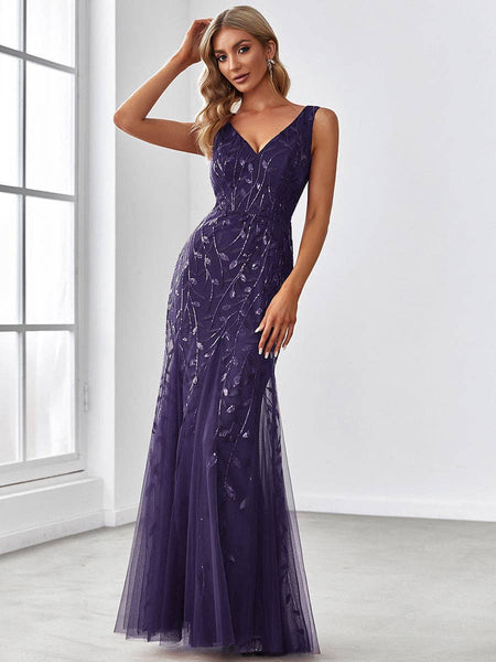 Classic Fishtail Sequin Mesh Evening Dress: Dark Purple / 4