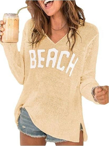 "Beach" V-Neck Hollow Knit Sweater
