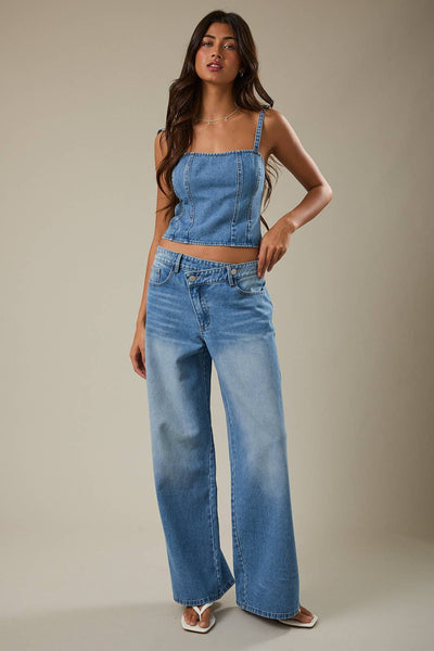 Hight Waist Wide Leg Crossover Jeans- Denim