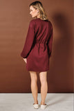 Burgundy Crew Neck Drawstring Waist Mini Dress