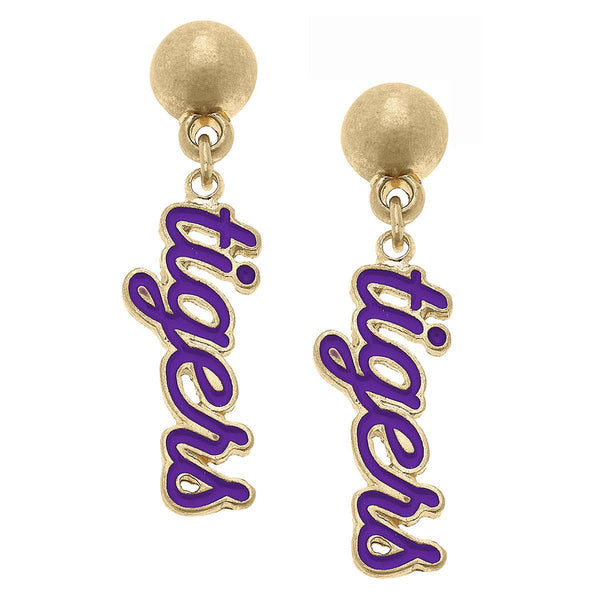 Clemson Tigers Enamel Script Earrings in Purple