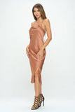 Stretch Silky Satin Bias Slip Dress with Slit - Caramel