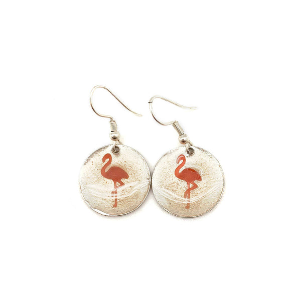 Pewter Earrings with Color Enamel - Flamingo in Coral/Pearl