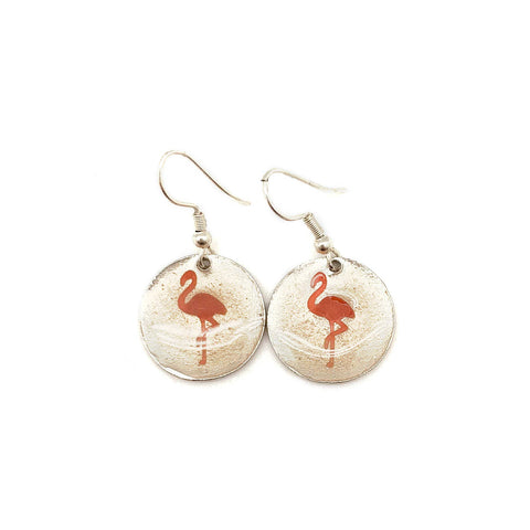 Pewter Earrings with Color Enamel - Flamingo in Coral/Pearl