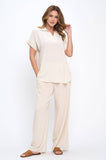 Becky Linen Solid V neck Collared Short Sleeve Top