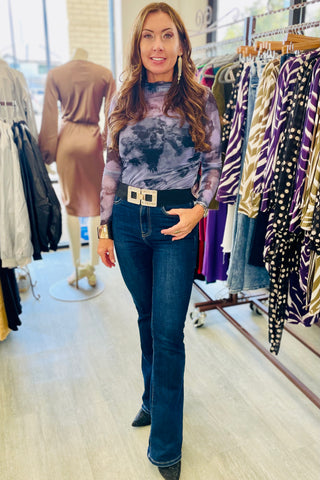 Q2 Mesh Ruched Print Top - Purple