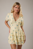 Paula Puff Sleeve Tiered Floral Mini Dress - Butter/Blue