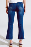 The Q2 Mid Wash Flared Skinny Jeans with Raw Hem- Blue