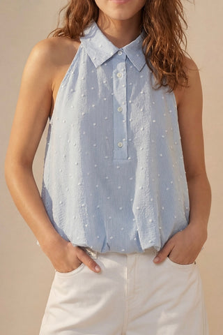 The Q2 Embroidered Polka Dot Blouse- Blue