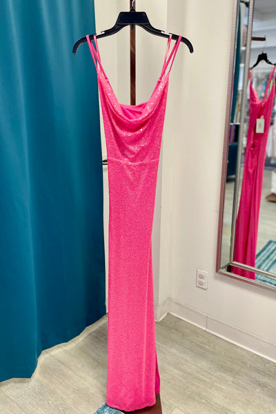 Aqua Sequined Open Back Gown - Electric Pink