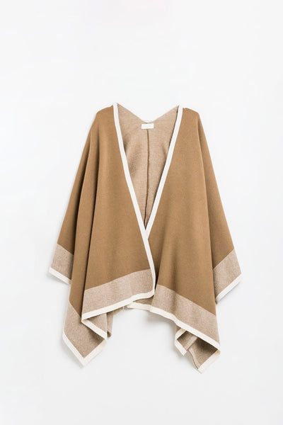 The Q2 Knitted Poncho with Ecru Trim-Brown