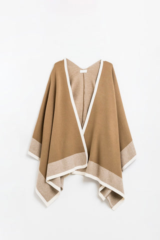 The Q2 Knitted Poncho with Ecru Trim-Brown