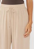 Ruffled Waist Washed Linen Cotton Wide-Leg Pant