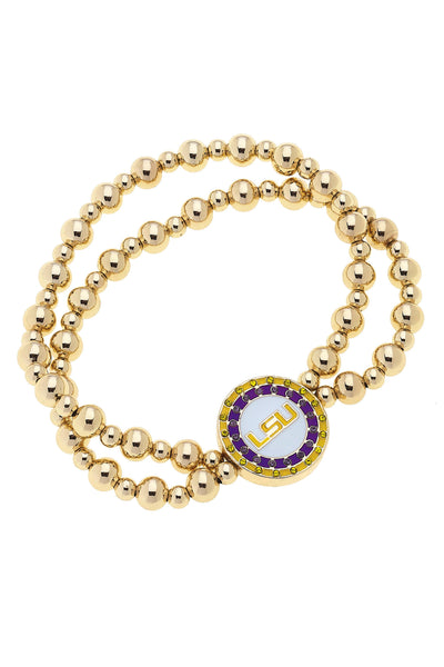 LSU Tigers Pave Disc 2-Row Ball Bead Stretch Bracelet
