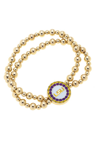 LSU Tigers Pave Disc 2-Row Ball Bead Stretch Bracelet