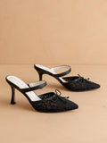 The Katie | Black Lace Pointed Toe Mid Heel Fall Mule