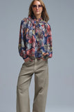 The Q2 Boho-Chic Printed Ruffle Blouse with Metallic Palm Print-Navy