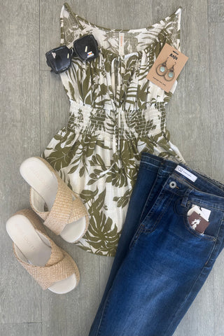 Carrie Linen Leaf Print Spaghetti Strap Top