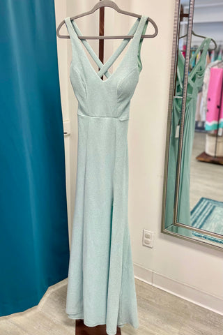 Speechless Metallic Open Back Strappy Gown - Mint