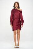 Satin Off Shoulder Ruched Asymmetrical Hem Dress - Burgundy
