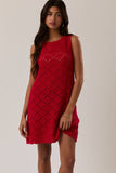 Boat Neck Sleeveless Crochet Dress - Red