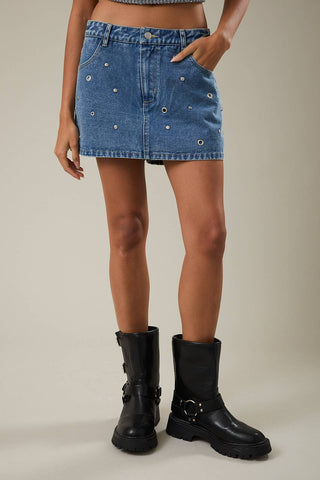 Low-Rise Studded Denim Skort- Denim