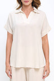 Becky Linen Solid V neck Collared Short Sleeve Top