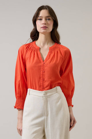 Yamila Long Sleeve Button Down Top- Tomato